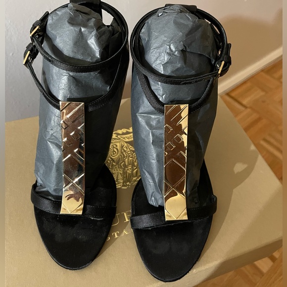 Black Satin with Gold signature hardware sandal heel - Picture 14 of 15